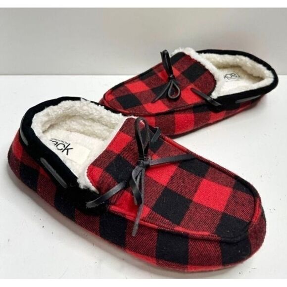 Nordstrom Rack Red Black Buffalo Plaid Moccasin Slippers Size Medium - Picture 5 of 7